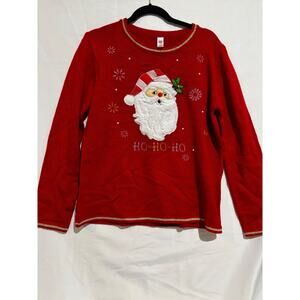 Holiday Time Ugly Christmas Sweater Ho Ho Ho Santa Head jingle bells Red Sz L